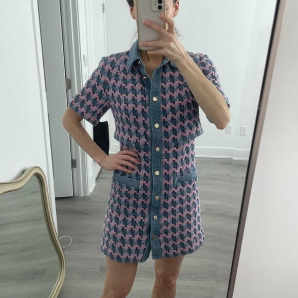 Sandro Amadora Denim Trim Houndstooth Tweed Mini Dress Size 34 - Picture 7 of 10